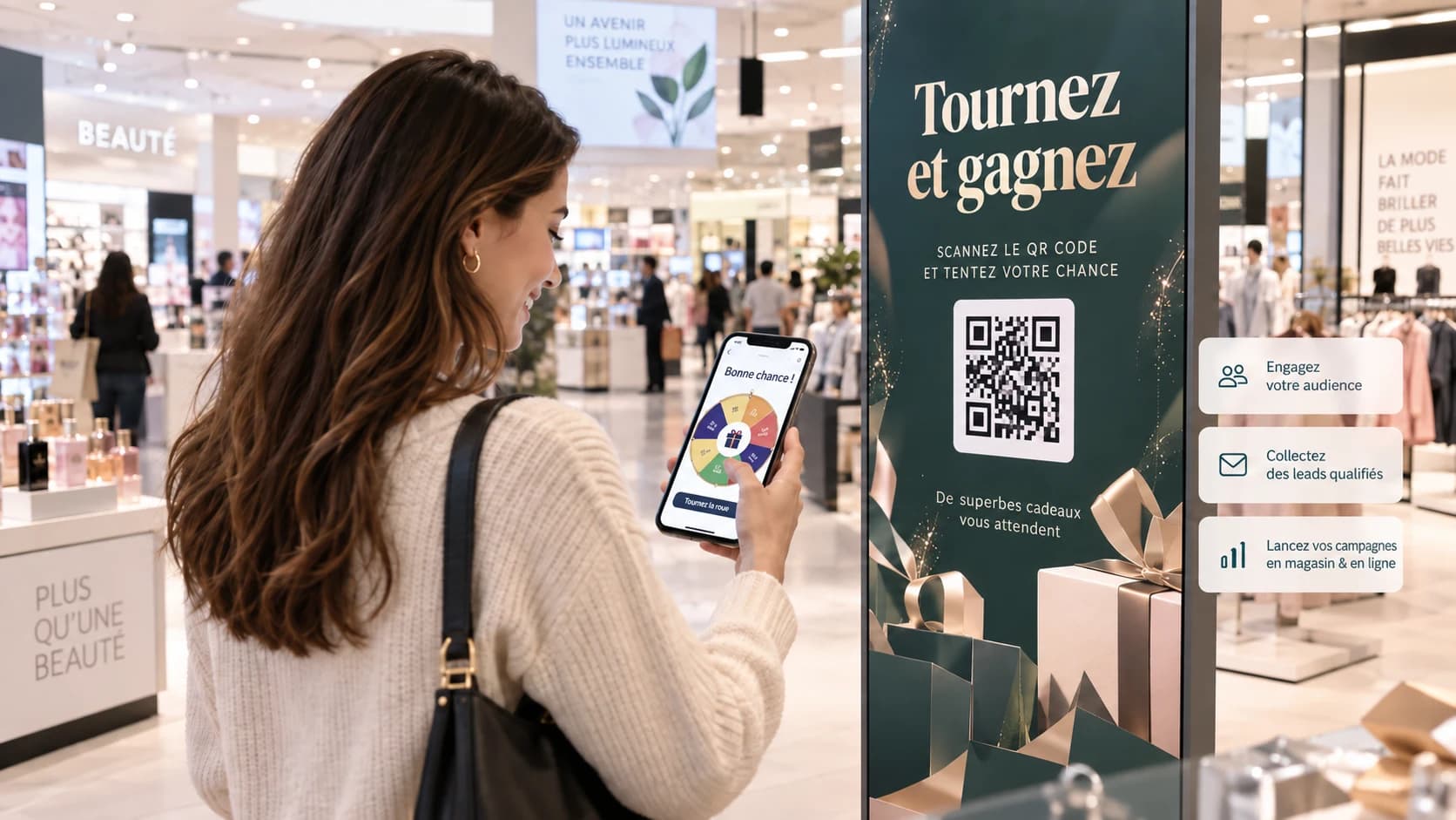 Une visiteuse joue sur son téléphone après avoir scanné le QR code d'une animation en magasin.